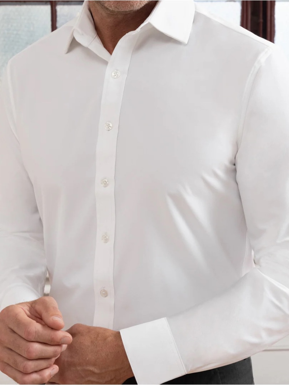 Bluffworks Lenox Slim Fit Button Up Dress Shirt in White, Men’s size Medium Tall
